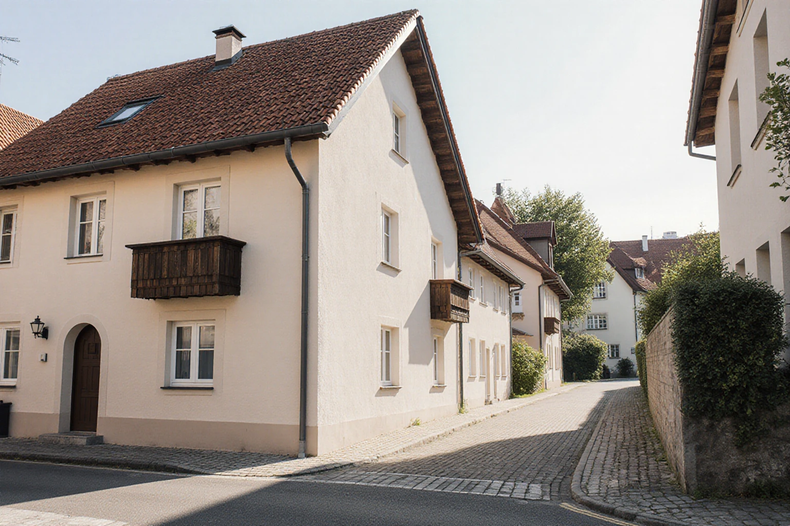 Wohnhaus mit seitlicher Zufahrt in einer bayerischen Ortslage